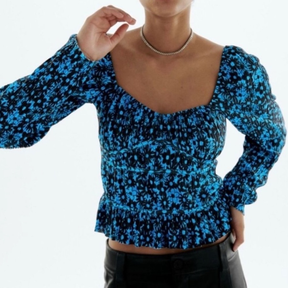 Zara black/blue floral smocked crop top, small